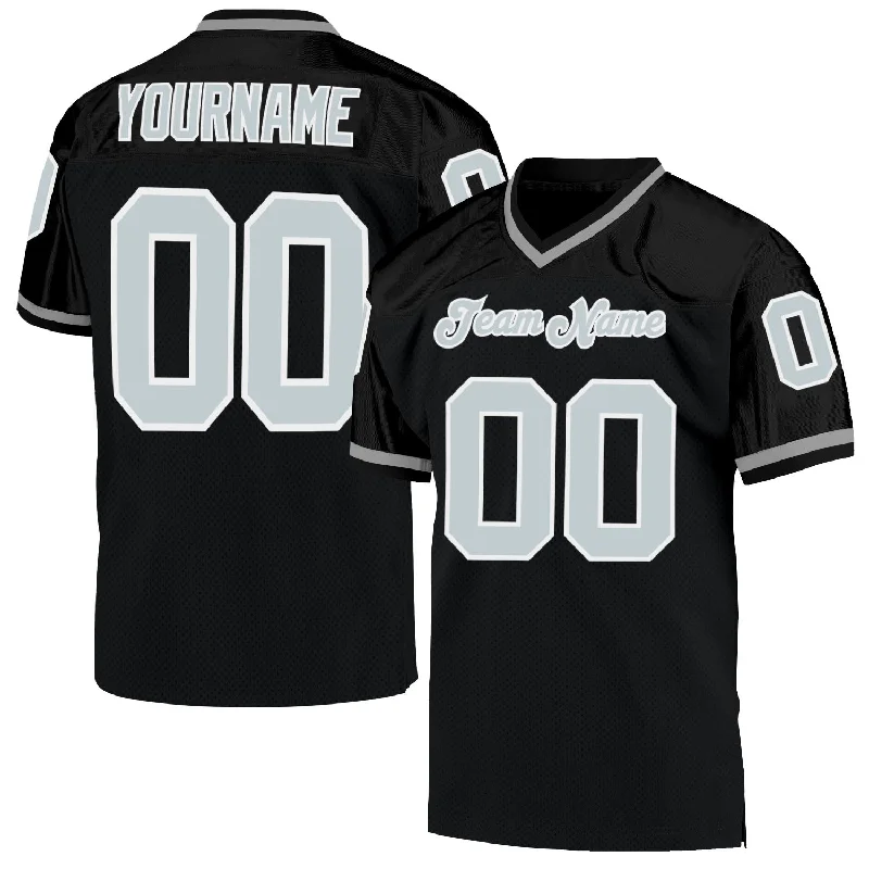 Football Jersey With Comic Book Graphics-Custom Black Silver-White Mesh Authentic Throwback Football Jersey