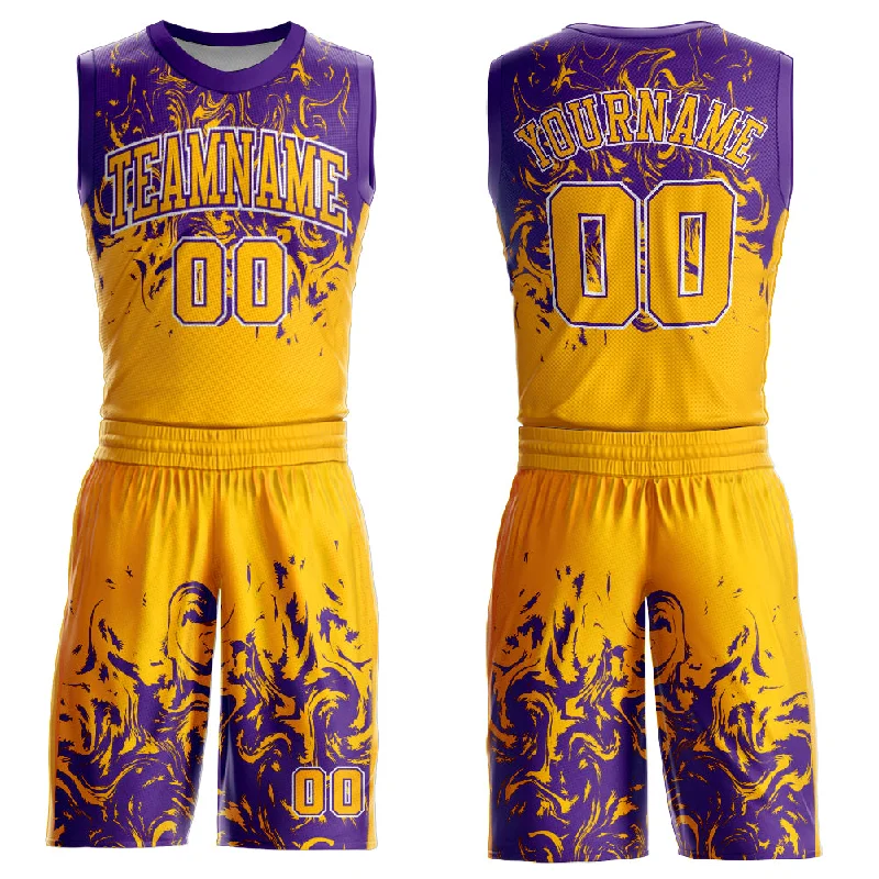 Basketball Jersey With Custom Artwork-Custom Gold White-Purple Round Neck Sublimation Basketball Suit Jersey