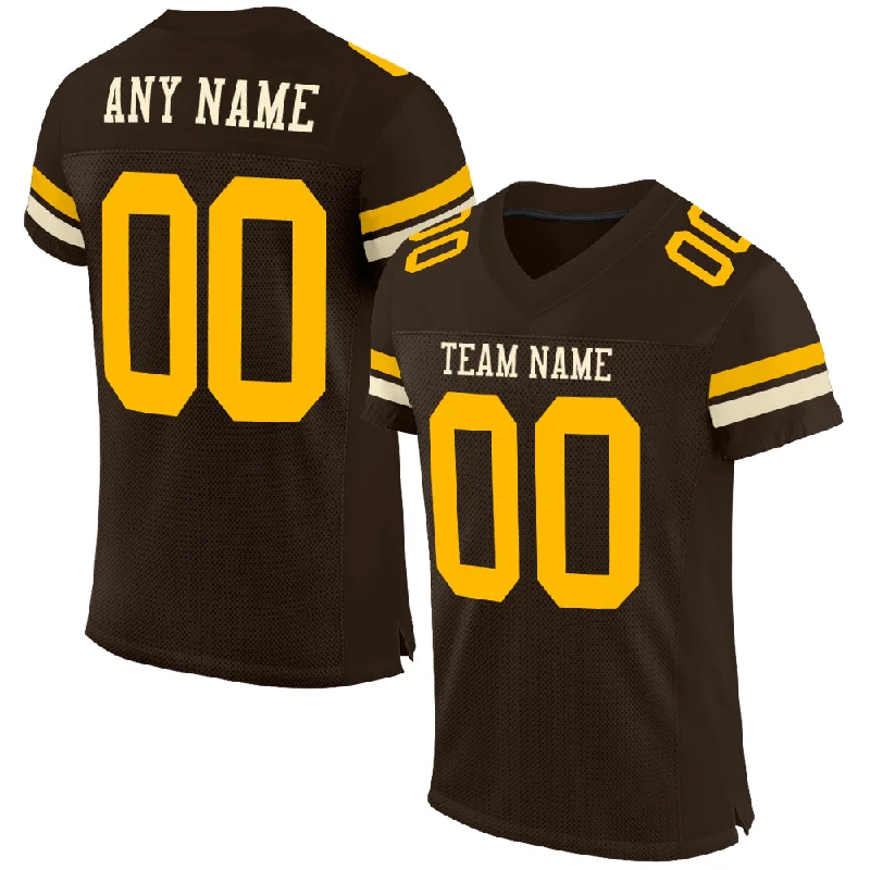 Football Jersey With Recycled Polyester-Custom Brown Gold-Cream Mesh Authentic Football Jersey