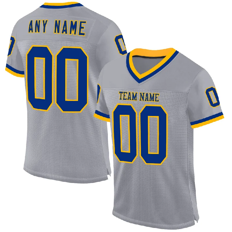 Football Jersey With Wrinkle-Free Design-Custom Gray Royal-Gold Mesh Authentic Throwback Football Jersey