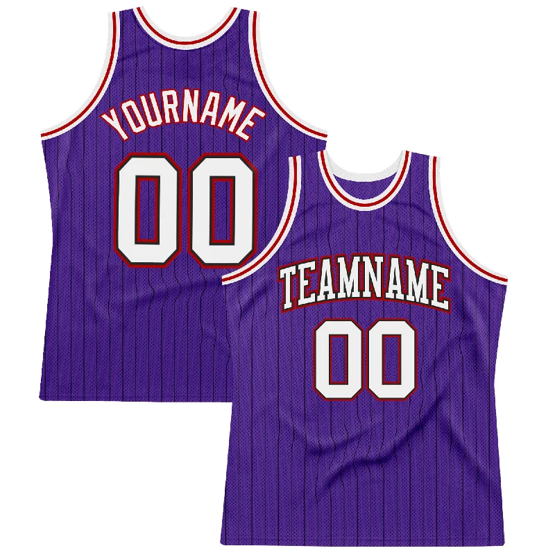 Basketball Jersey With Snap Button Closure-Custom Purple Black Pinstripe White-Red Authentic Basketball Jersey