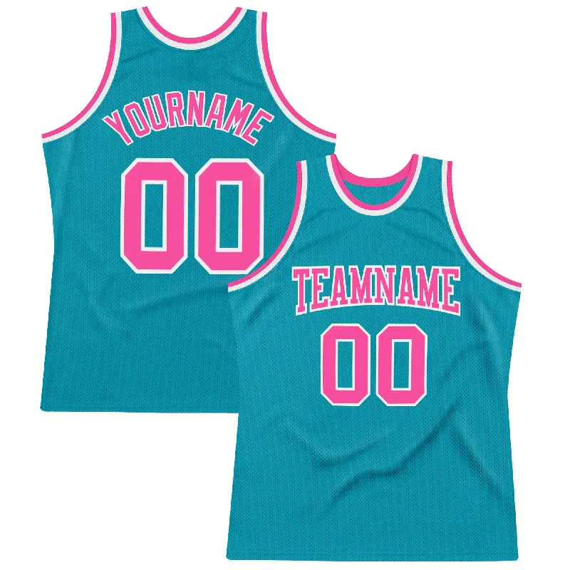 Basketball Jersey With Inspirational Quotes-Custom Teal Pink-White Authentic Throwback Basketball Jersey