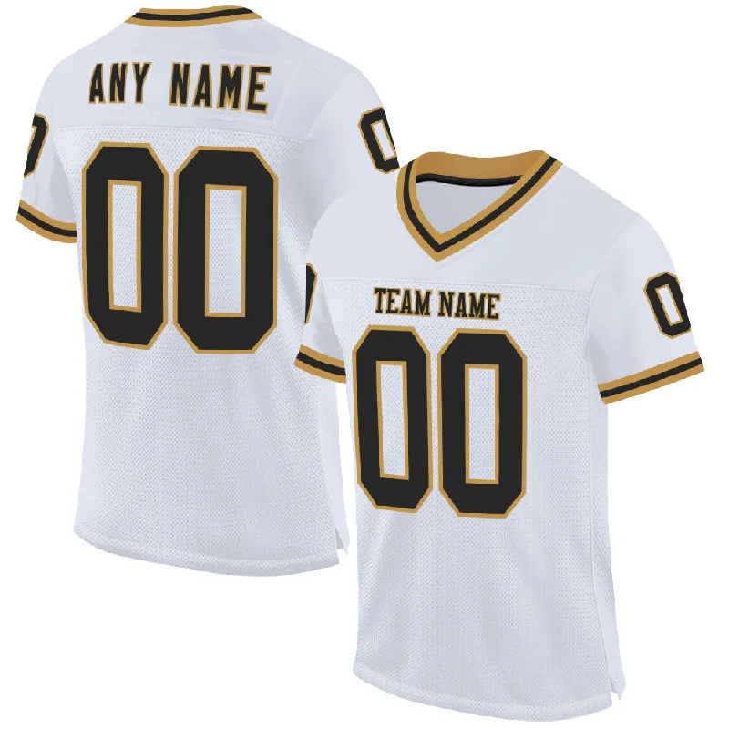 Football Jersey With Ventilated Side Panels-Custom White Black-Old Gold Mesh Authentic Throwback Football Jersey