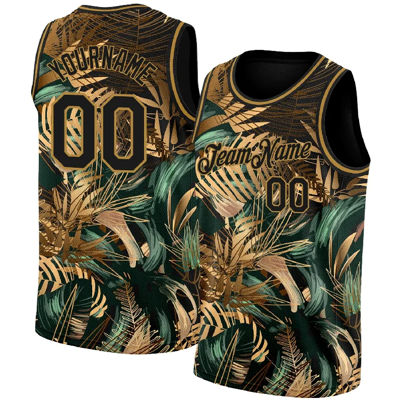 Basketball Jersey For Men-Custom Black Old Gold 3D Pattern Tropical Hawaii Palm Leaves Authentic Basketball Jersey