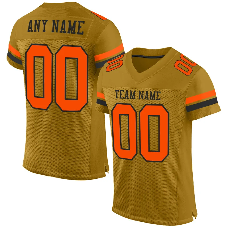 Football Jersey With Button-Up Style-Custom Old Gold Orange-Black Mesh Authentic Football Jersey