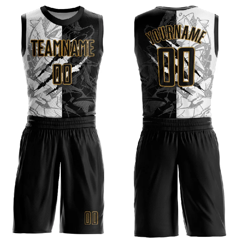 Basketball Jersey With Metallic Numbers-Custom Graffiti Pattern Black-Old Gold Scratch Round Neck Sublimation Basketball Suit Jersey