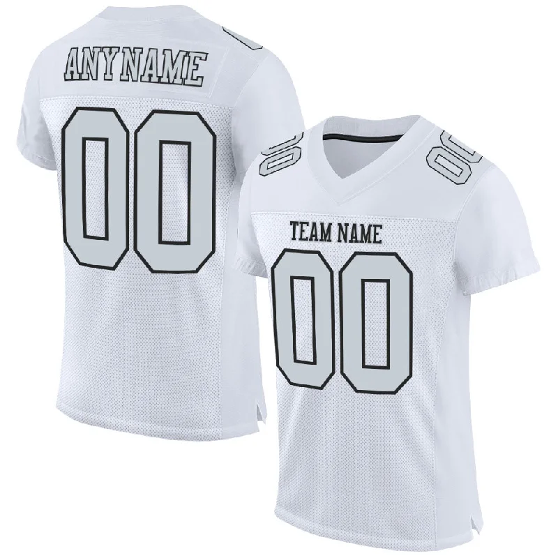 Football Jersey With Extended Length-Custom White Silver-Black Mesh Authentic Football Jersey