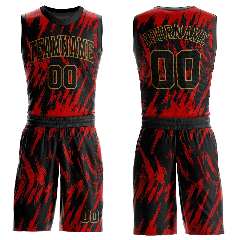 Basketball Jersey With V-Neck Collar-Custom Red Black-Old Gold Round Neck Sublimation Basketball Suit Jersey