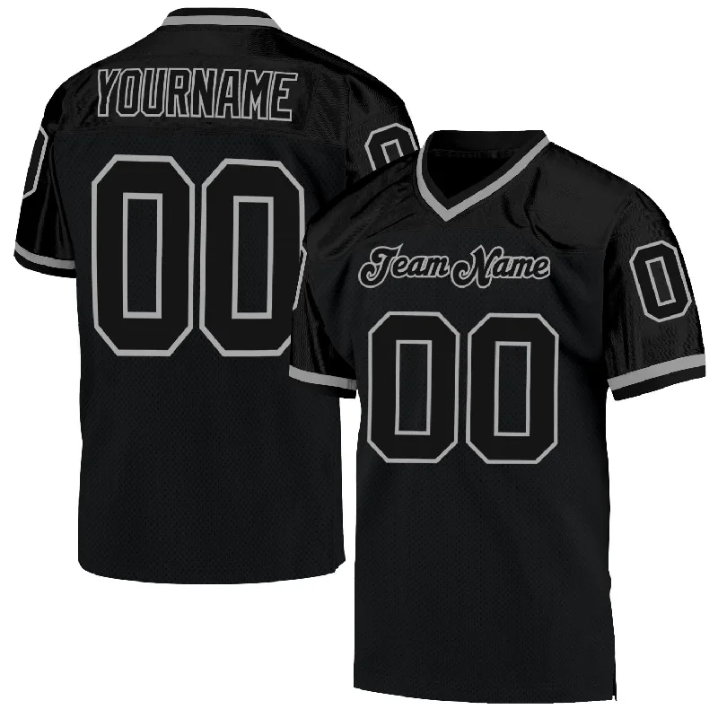 Football Jersey With Ribbed Sleeves-Custom Black Black-Gray Mesh Authentic Throwback Football Jersey