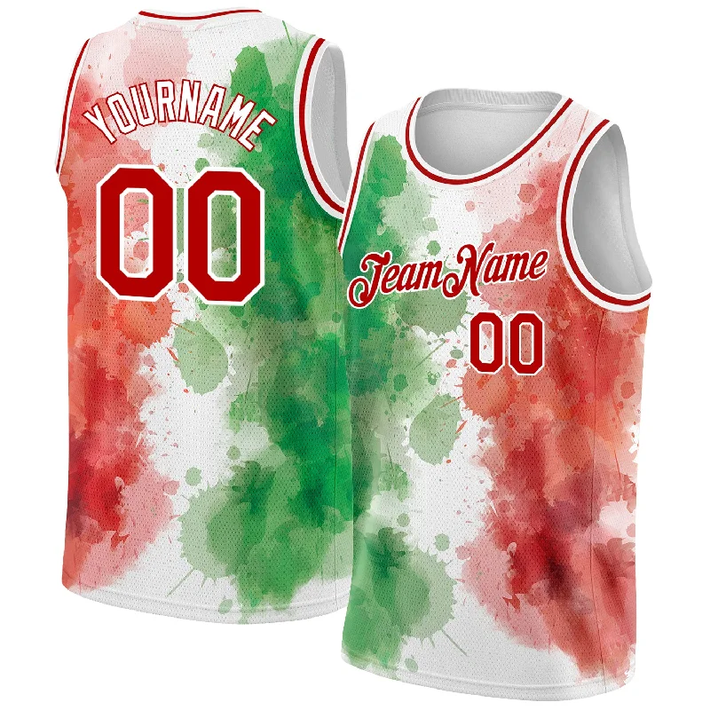 Basketball Jersey With Double Stitching-Custom Kelly Green Red-White 3D Mexico Watercolored Splashes Grunge Design Authentic Basketball Jersey