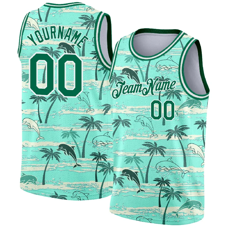 Basketball Jersey With Animal Print-Custom Teal Kelly Green-White 3D Pattern Tropical Hawaii Palm Trees Authentic Basketball Jersey