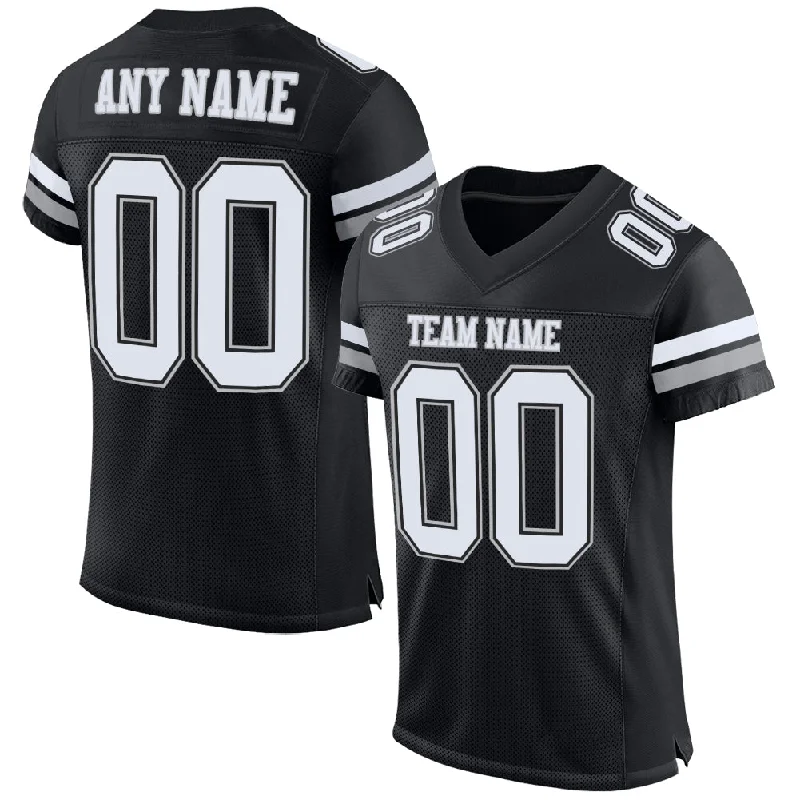 Football Jersey With Long Sleeves-Custom Black White-Gray Mesh Authentic Football Jersey