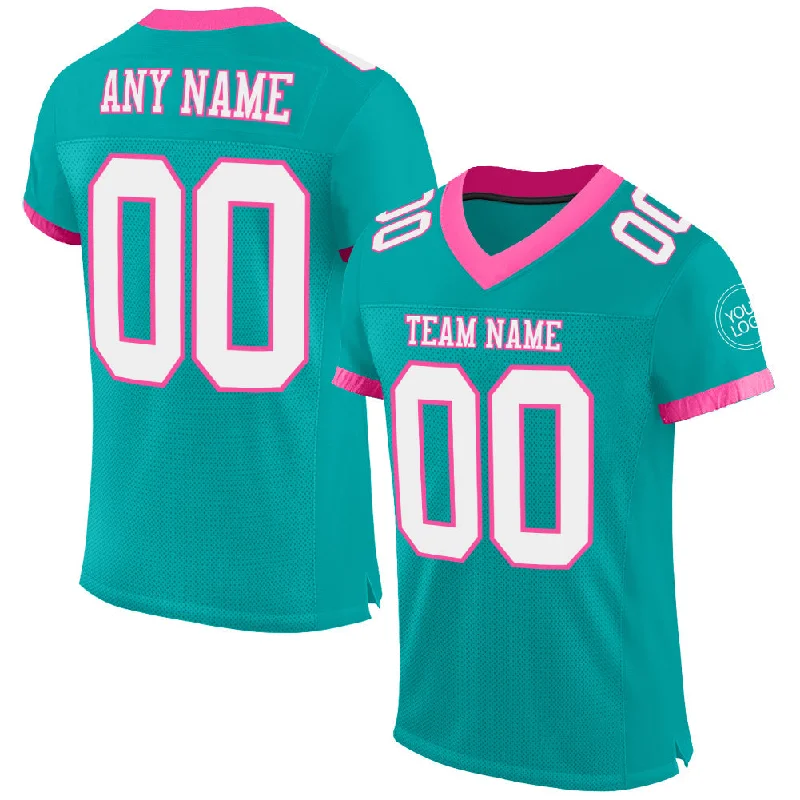 Football Jersey For Tall Players-Custom Aqua White-Pink Mesh Authentic Football Jersey