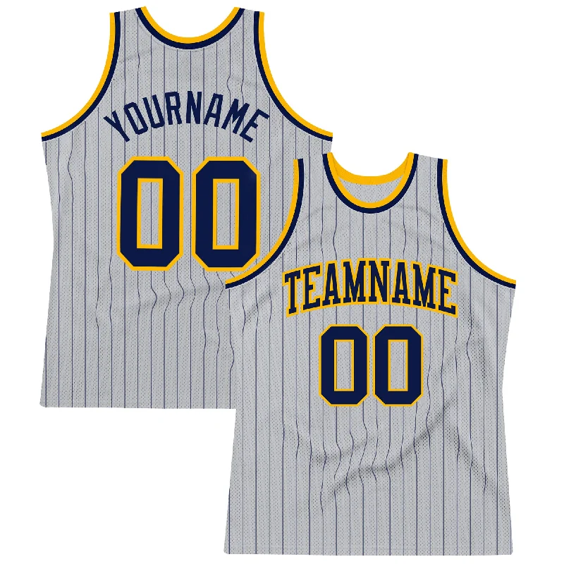 Basketball Jersey With High-Tech Material-Custom Gray Navy Pinstripe Navy-Gold Authentic Basketball Jersey