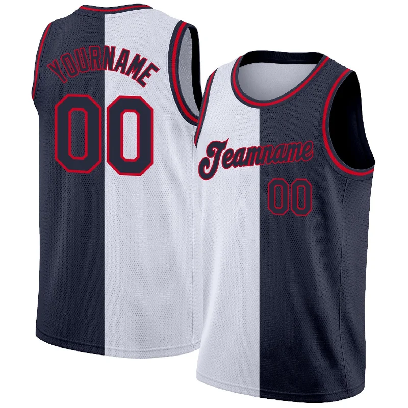 Basketball Jersey With Silicone Patch-Custom White Navy-Red Authentic Split Fashion Basketball Jersey