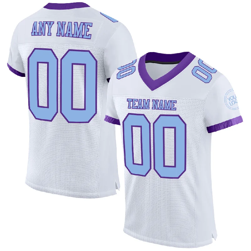 Football Jersey With Bold Lettering-Custom White Light Blue-Purple Mesh Authentic Football Jersey