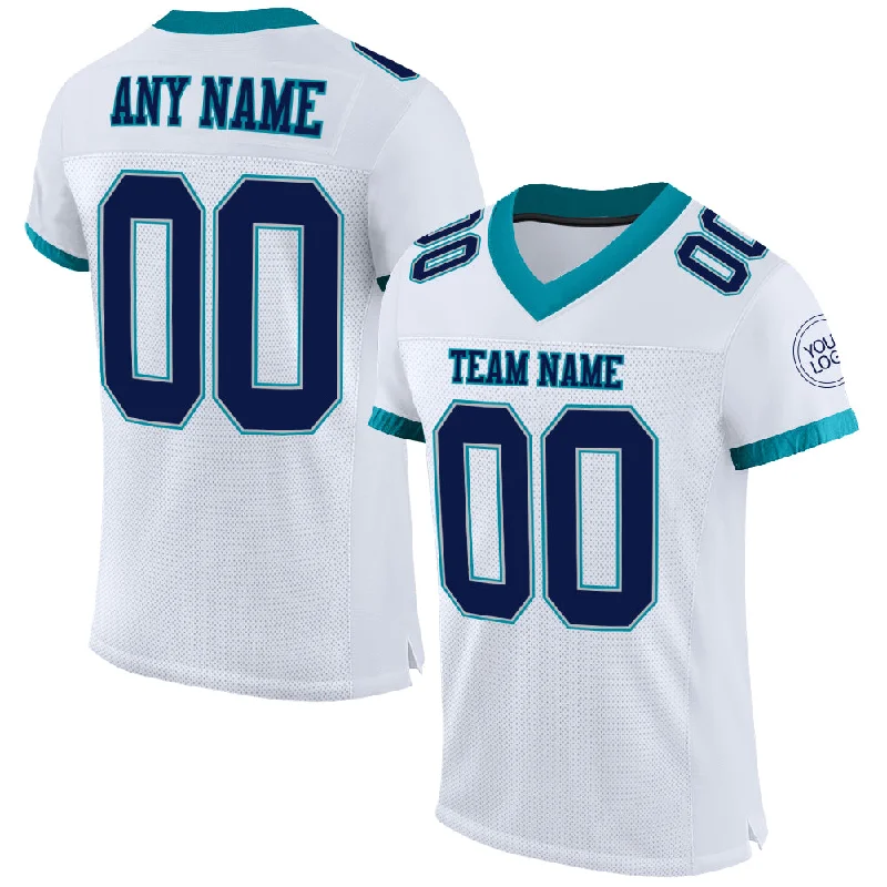 Football Jersey With Lightweight Padding-Custom White Navy Gray-Teal Mesh Authentic Football Jersey