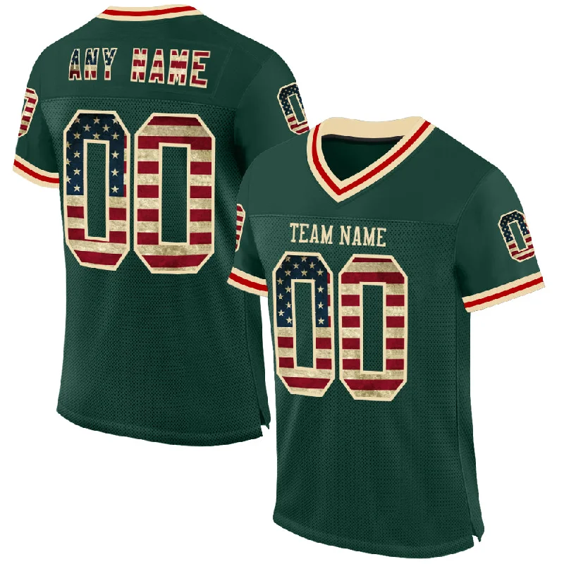 Football Jersey With Custom Name-Custom Green Vintage USA Flag Cream-Red Mesh Authentic Throwback Football Jersey