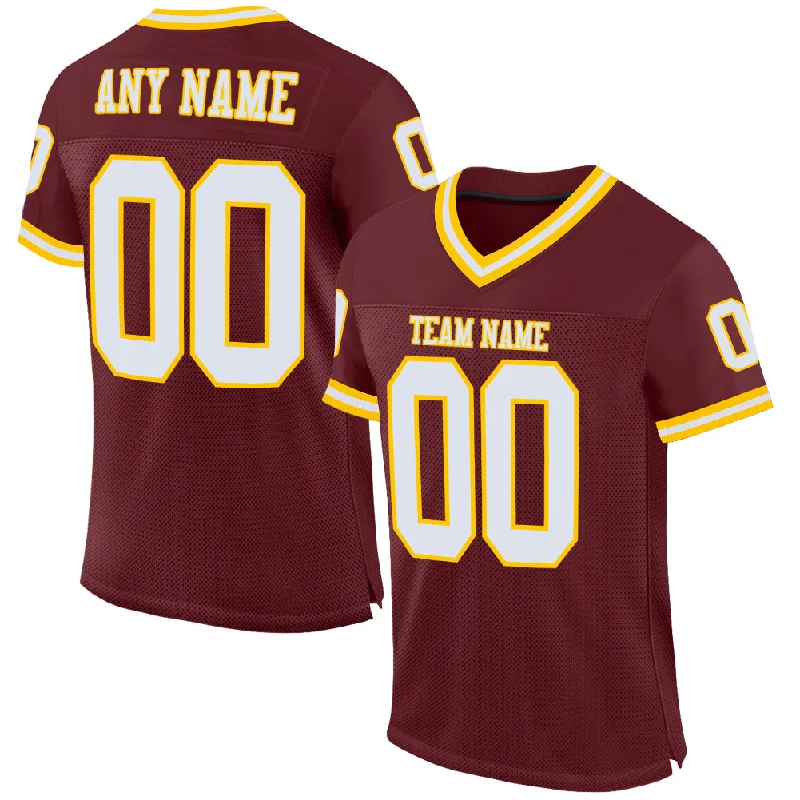 Football Jersey For Practice-Custom Burgundy White-Gold Mesh Authentic Throwback Football Jersey