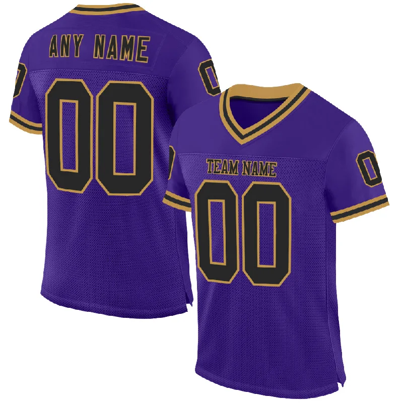 Football Jersey With Side Slits-Custom Purple Black-Old Gold Mesh Authentic Throwback Football Jersey