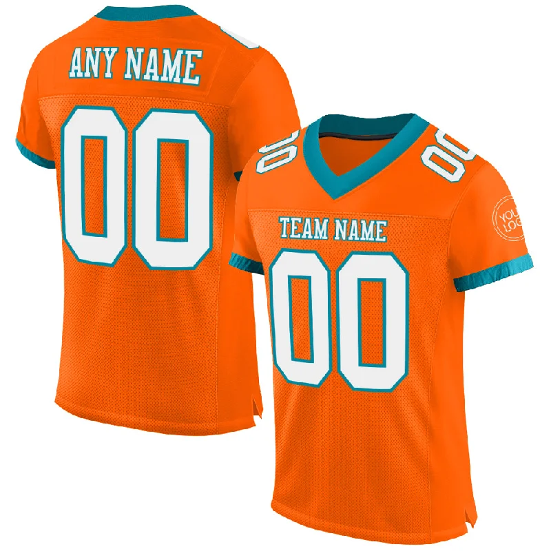 Football Jersey With Minimal Branding-Custom Orange White-Teal Mesh Authentic Football Jersey