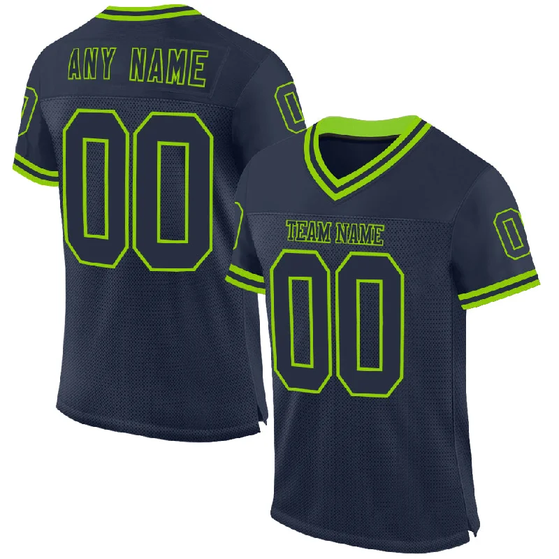 Football Jersey For Tall Players-Custom Navy Neon Green Mesh Authentic Throwback Football Jersey