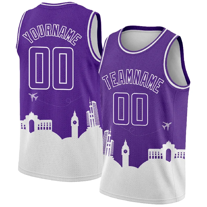 Basketball Jersey With Stretchable Fabric-Custom Purple White Holiday Travel Monuments Silhouette Authentic City Edition Basketball Jersey