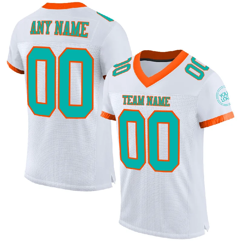 Football Jersey With Classic Pinstripes-Custom White Aqua-Orange Mesh Authentic Football Jersey