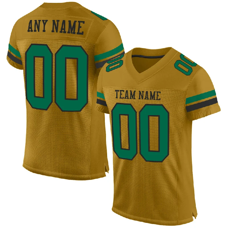 Football Jersey With Short Sleeves-Custom Old Gold Kelly Green-Black Mesh Authentic Football Jersey