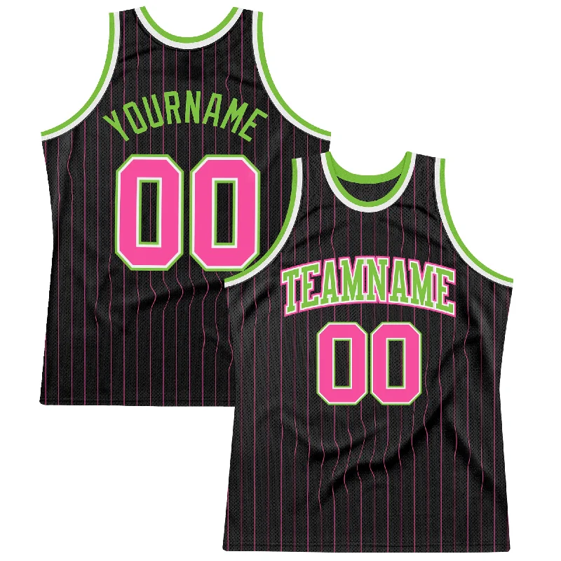 Basketball Jersey With Slim Fit-Custom Black Pink Pinstripe Pink-Neon Green Authentic Basketball Jersey