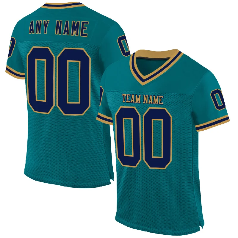 Football Jersey With Team Spirit-Custom Teal Navy-Old Gold Mesh Authentic Throwback Football Jersey