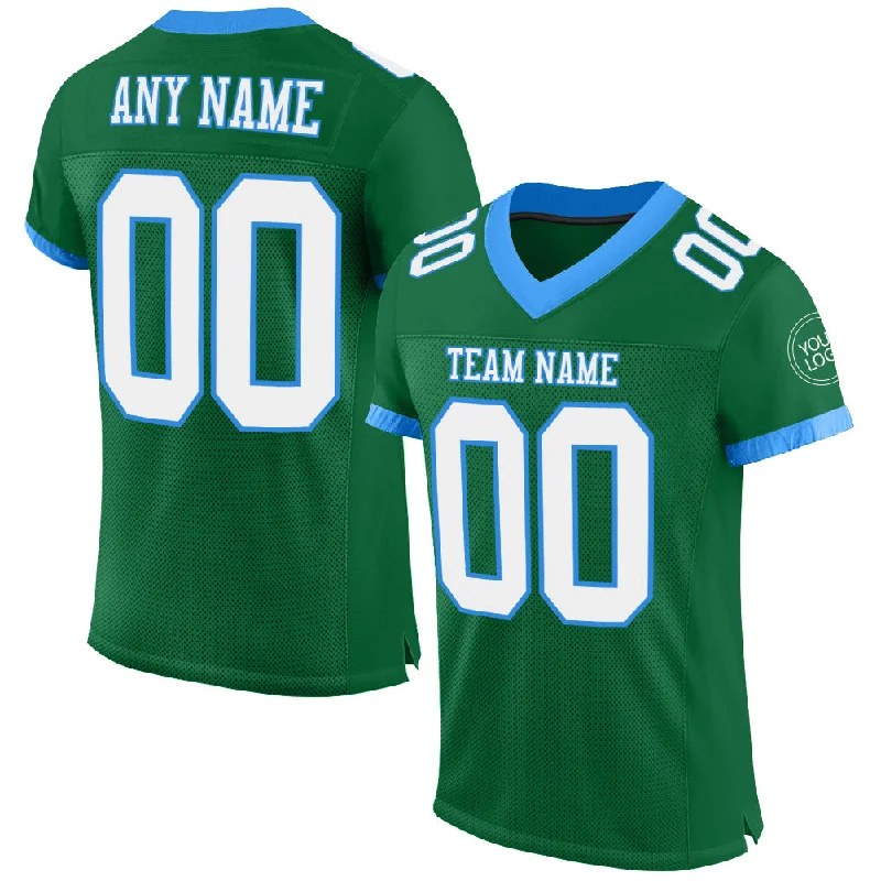 Football Jersey With Screen-Printed Graphics-Custom Kelly Green White-Powder Blue Mesh Authentic Football Jersey