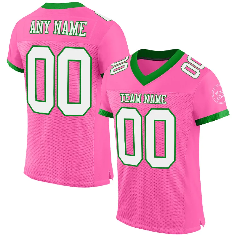 Football Jersey With Extra Ventilation-Custom Pink White-Grass Green Mesh Authentic Football Jersey