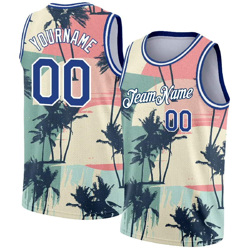 Basketball Jersey With High School Team Logos-Custom Cream Royal-White 3D Pattern Tropical Hawaii Trees Authentic Basketball Jersey