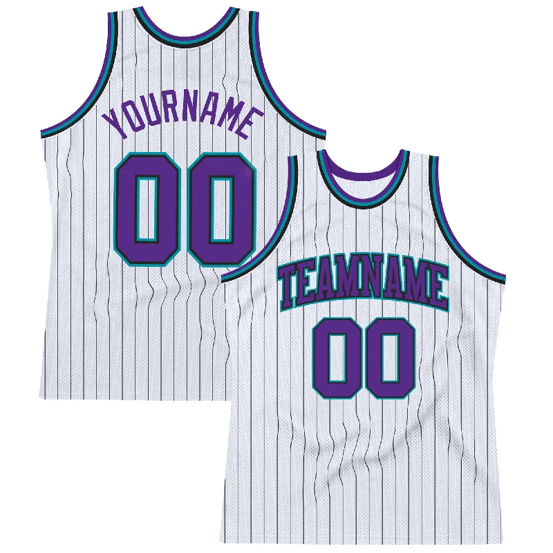 Basketball Jersey With Graffiti Design-Custom White Black Pinstripe Purple-Teal Authentic Basketball Jersey