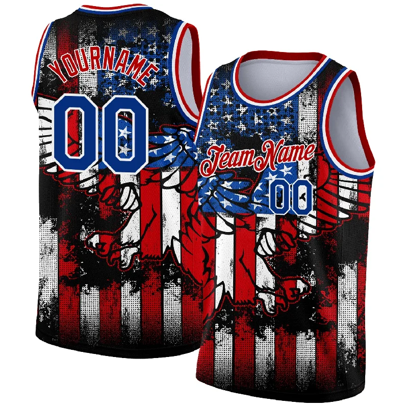 Basketball Jersey With UV Protection-Custom Black Royal-Red 3D Eagle American Flag Authentic Basketball Jersey