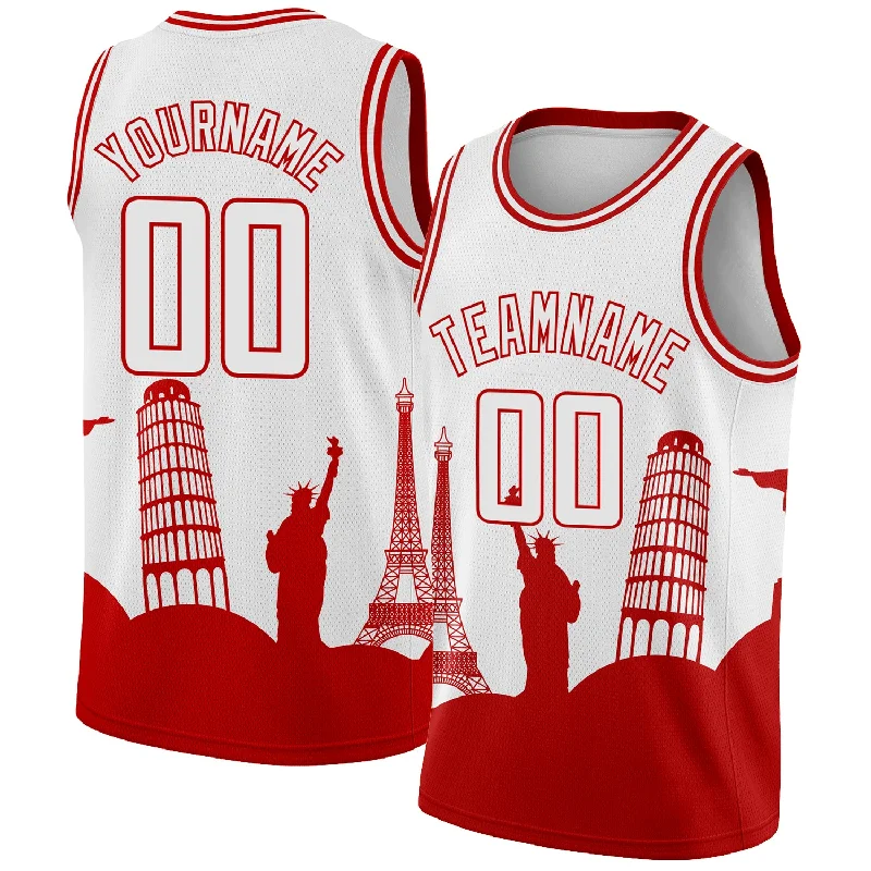 Basketball Jersey With Neon Colors-Custom White Red Holiday Travel Monuments Silhouette Authentic City Edition Basketball Jersey