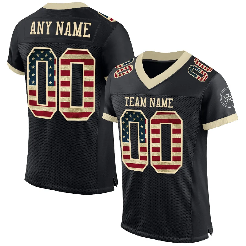 Football Jersey With Full Uniform Set-Custom Black Vintage USA Flag-Cream Mesh Authentic Football Jersey