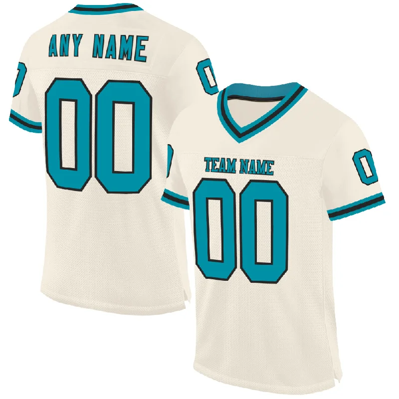 Football Jersey For Short Players-Custom Cream Teal-Black Mesh Authentic Throwback Football Jersey