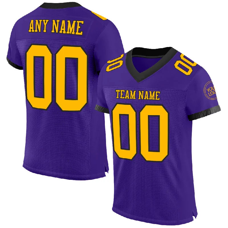 Football Jersey With Button-Up Style-Custom Purple Gold-Black Mesh Authentic Football Jersey