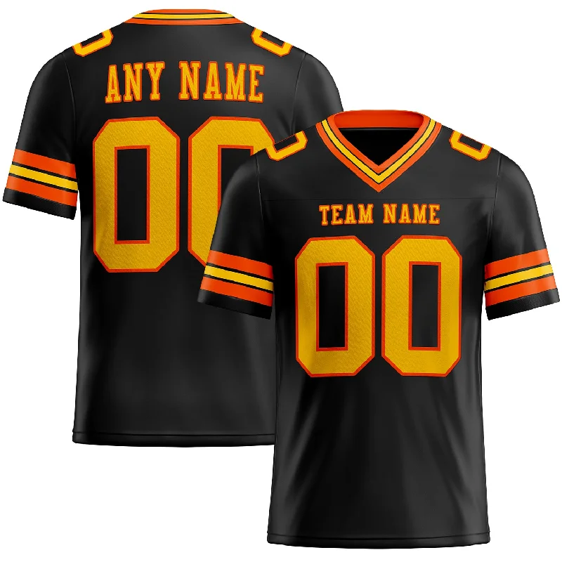 Football Jersey With Reinforced Neckline-Custom Black Yellow-Orange Mesh Authentic Football Jersey