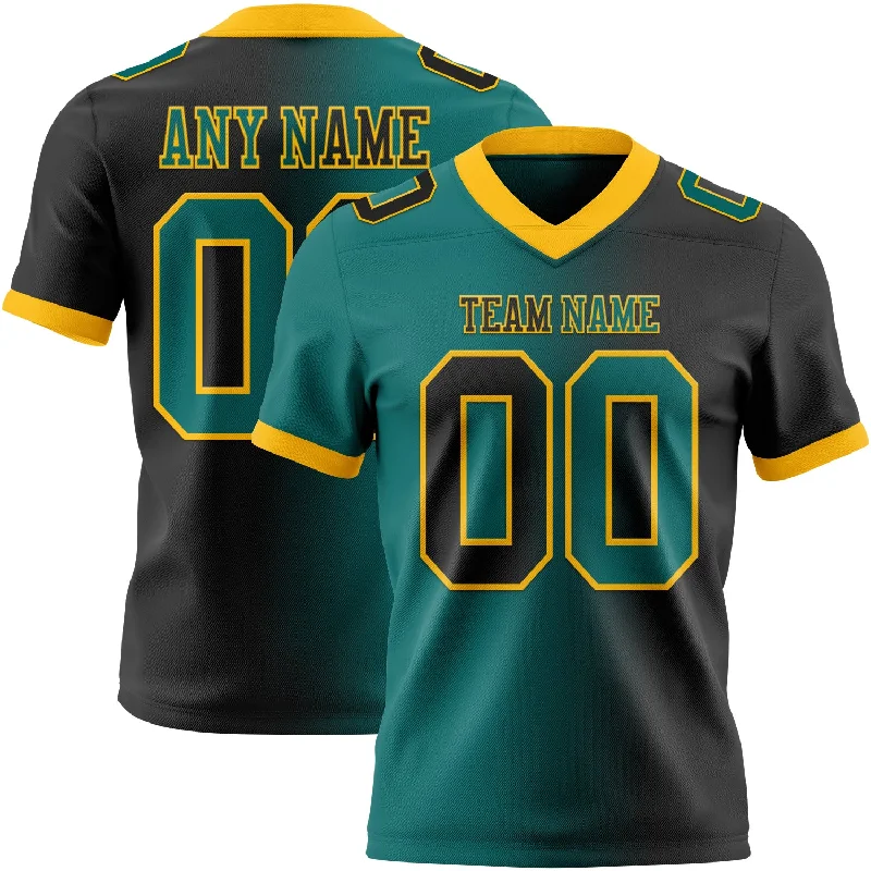 Football Jersey With Side Slits-Custom Black Teal-Gold Mesh Authentic Gradient Fashion Football Jersey