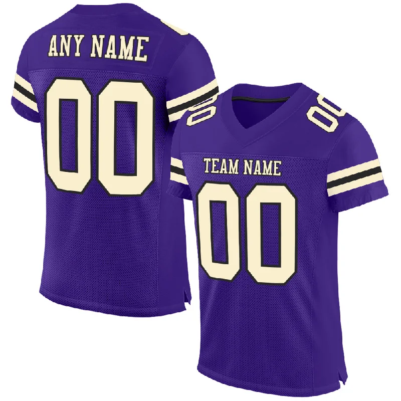 Football Jersey With Sweat Absorption Tech-Custom Purple Cream-Black Mesh Authentic Football Jersey