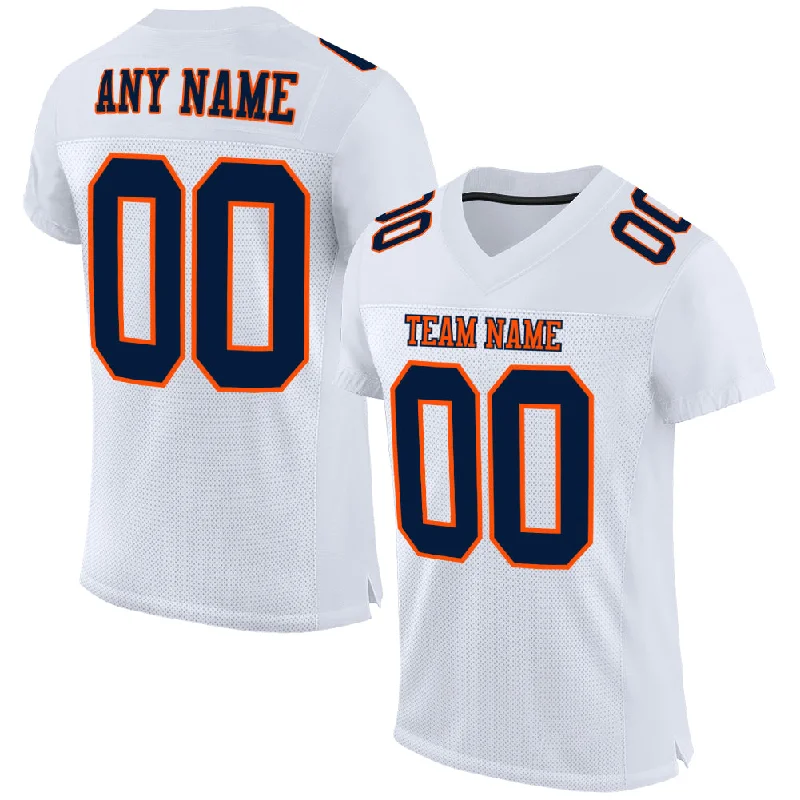 Football Jersey With Matching Shorts-Custom White Navy-Orange Mesh Authentic Football Jersey