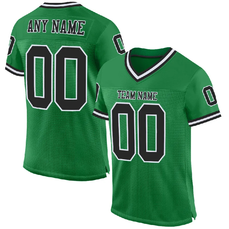 Football Jersey With Laser-Cut Perforations-Custom Grass Green Black-White Mesh Authentic Throwback Football Jersey