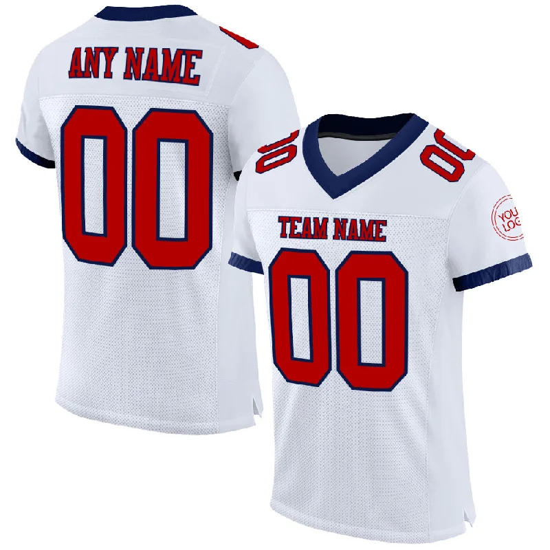 Football Jersey With Team Spirit-Custom White Red-Navy Mesh Authentic Football Jersey