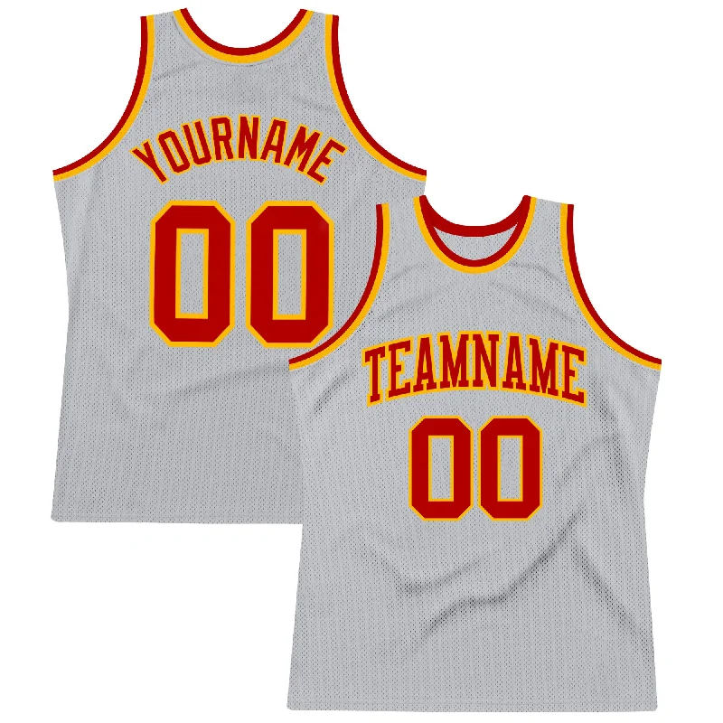 Basketball Jersey With Mesh Panels-Custom Gray Red-Gold Authentic Throwback Basketball Jersey