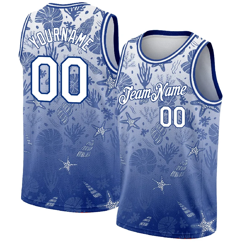 Basketball Jersey With Anime Graphics-Custom Royal White 3D Pattern Design Seashells And Starfishes Authentic Basketball Jersey