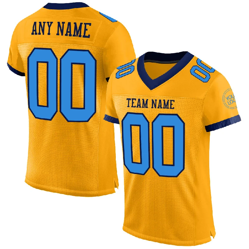 Football Jersey With Organic Cotton Blend-Custom Gold Powder Blue-Navy Mesh Authentic Football Jersey