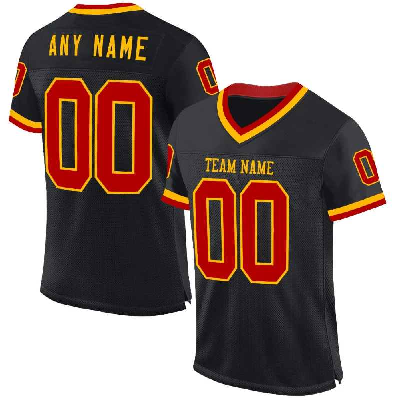 Football Jersey With Subtle Logos-Custom Black Red-Gold Mesh Authentic Throwback Football Jersey